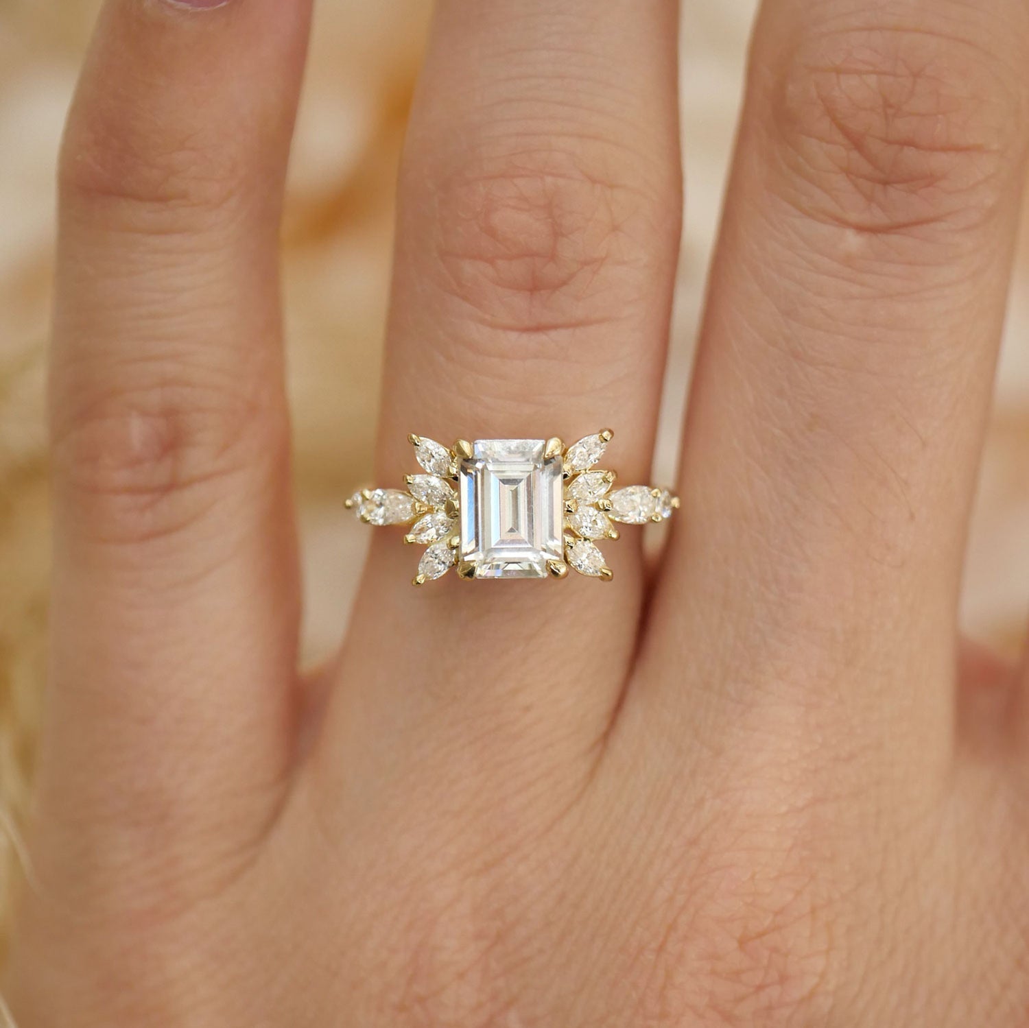 1.50 CT Emerald Shape Lab Grown Cluster Engagement Ring
