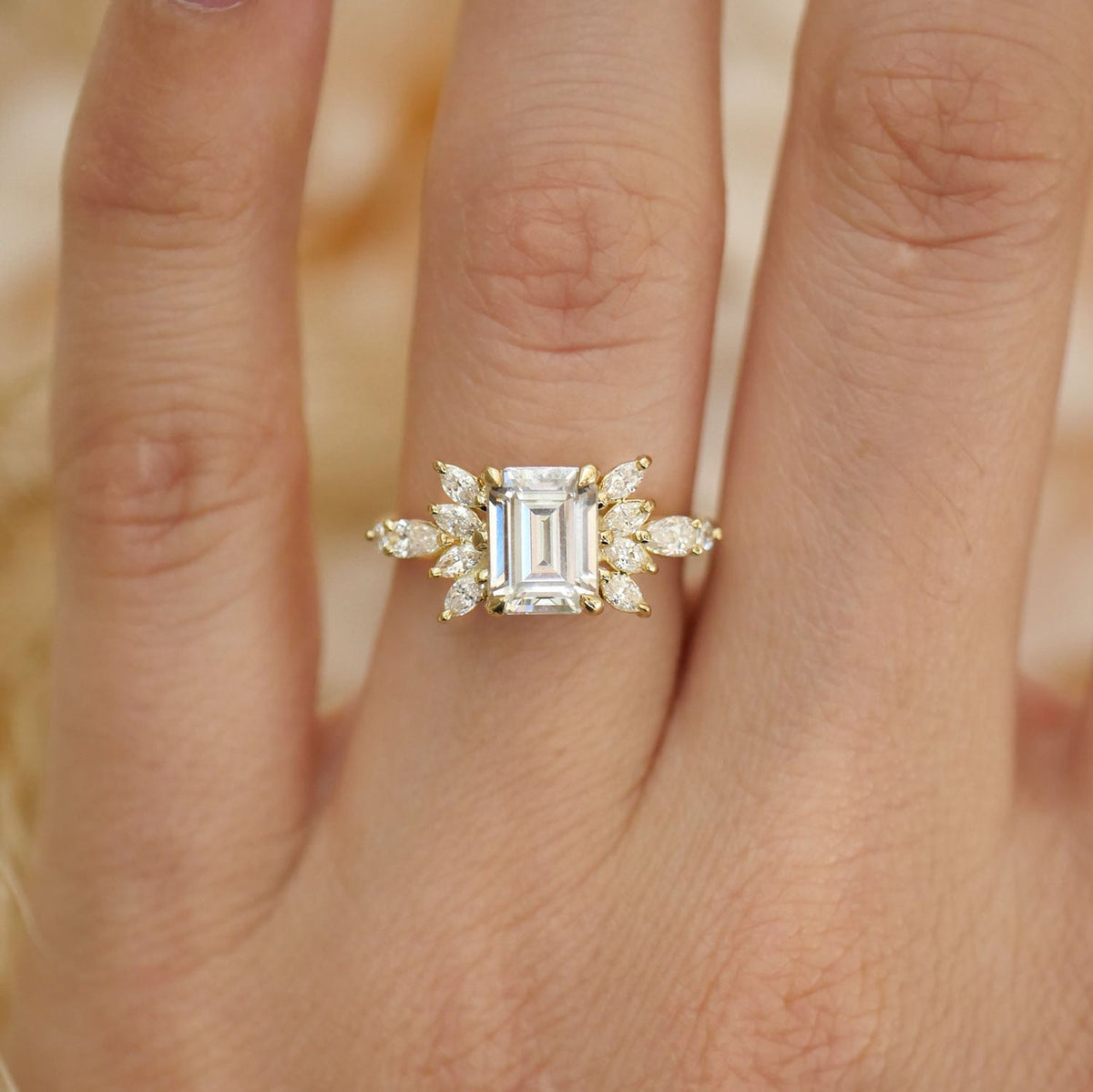 1.50 CT Emerald Shape Lab Grown Cluster Engagement Ring