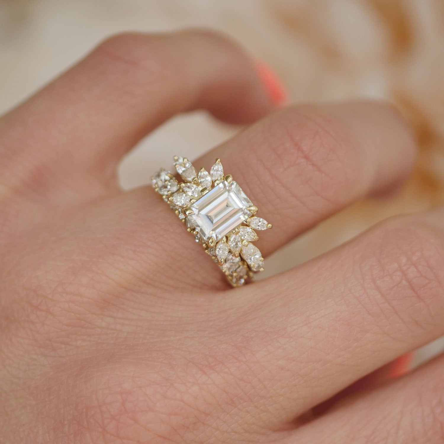 1.50 CT Emerald Shape Lab Grown Cluster Engagement Ring