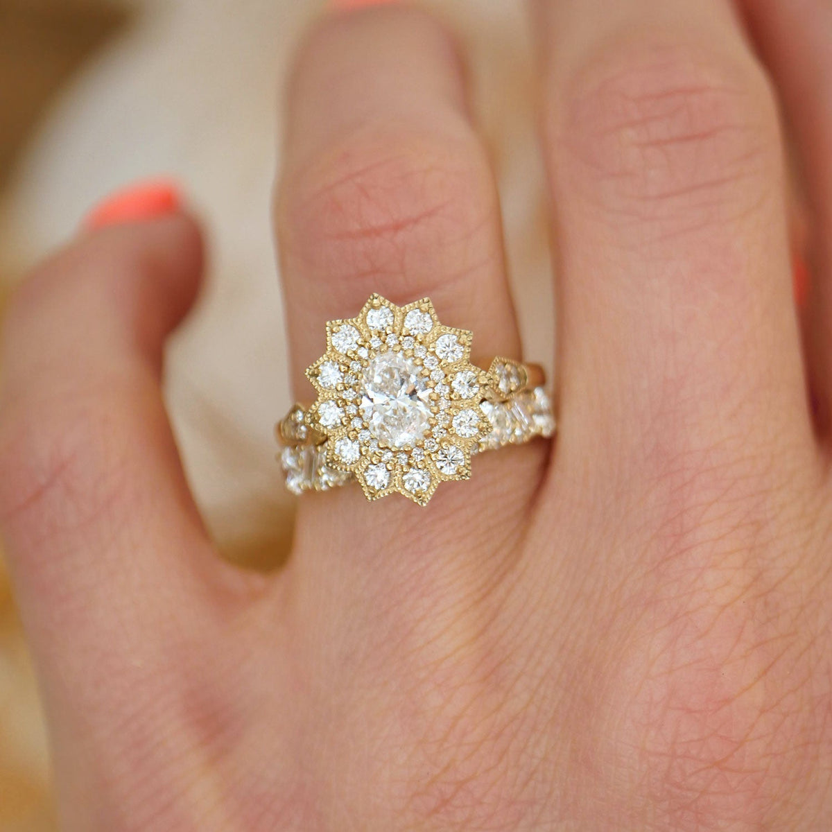 0.75 CT Oval Shape Lab Grown Sunflower Engagement Ring