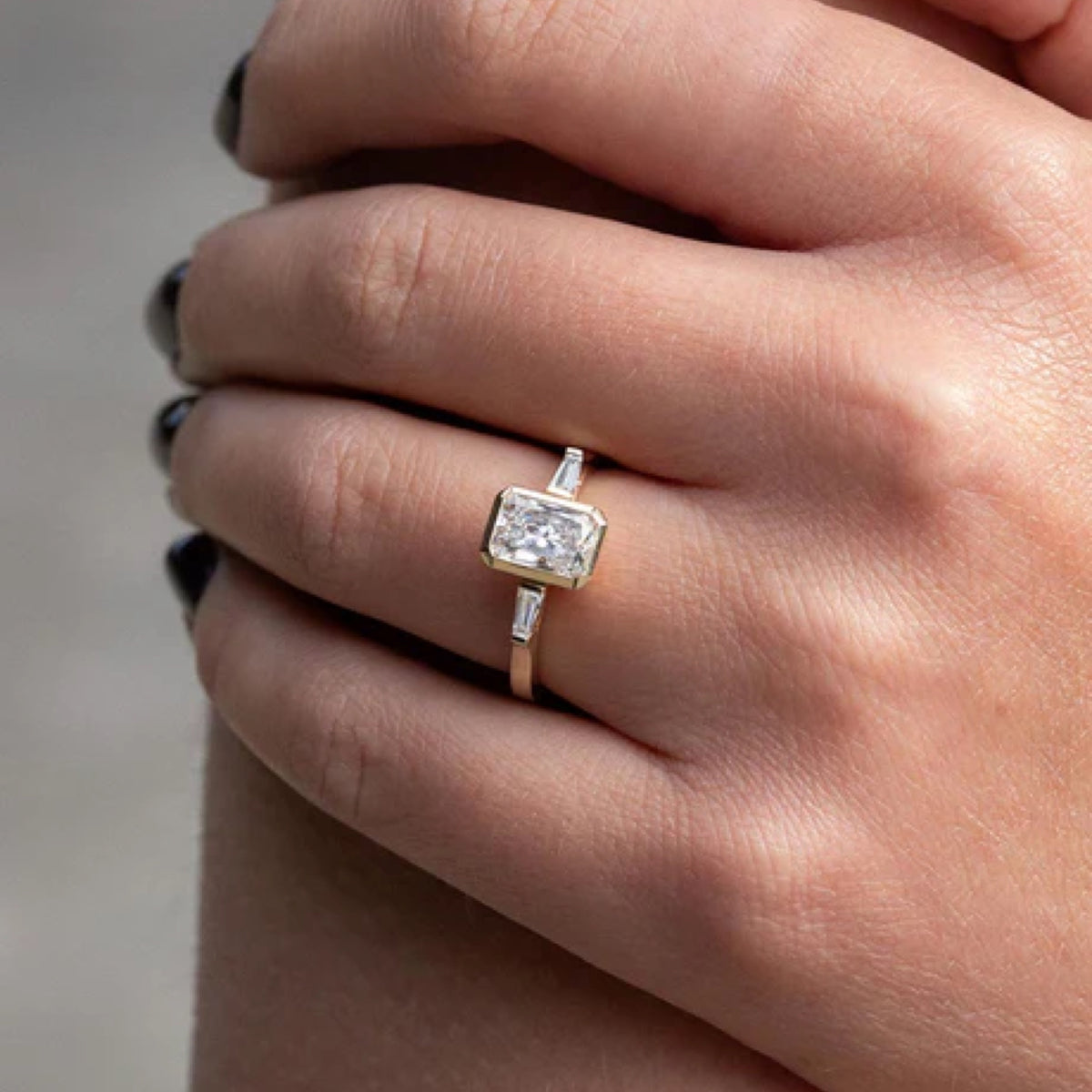 1.51 - 2.5 CT Radiant Cut CVD Diamond Bezel Three Stone Setting Engagement Ring