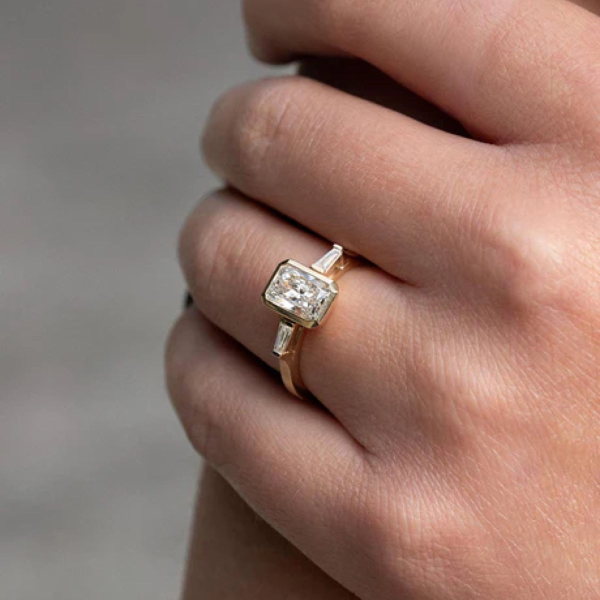 1.51 - 2.5 CT Radiant Cut CVD Diamond Bezel Three Stone Setting Engagement Ring