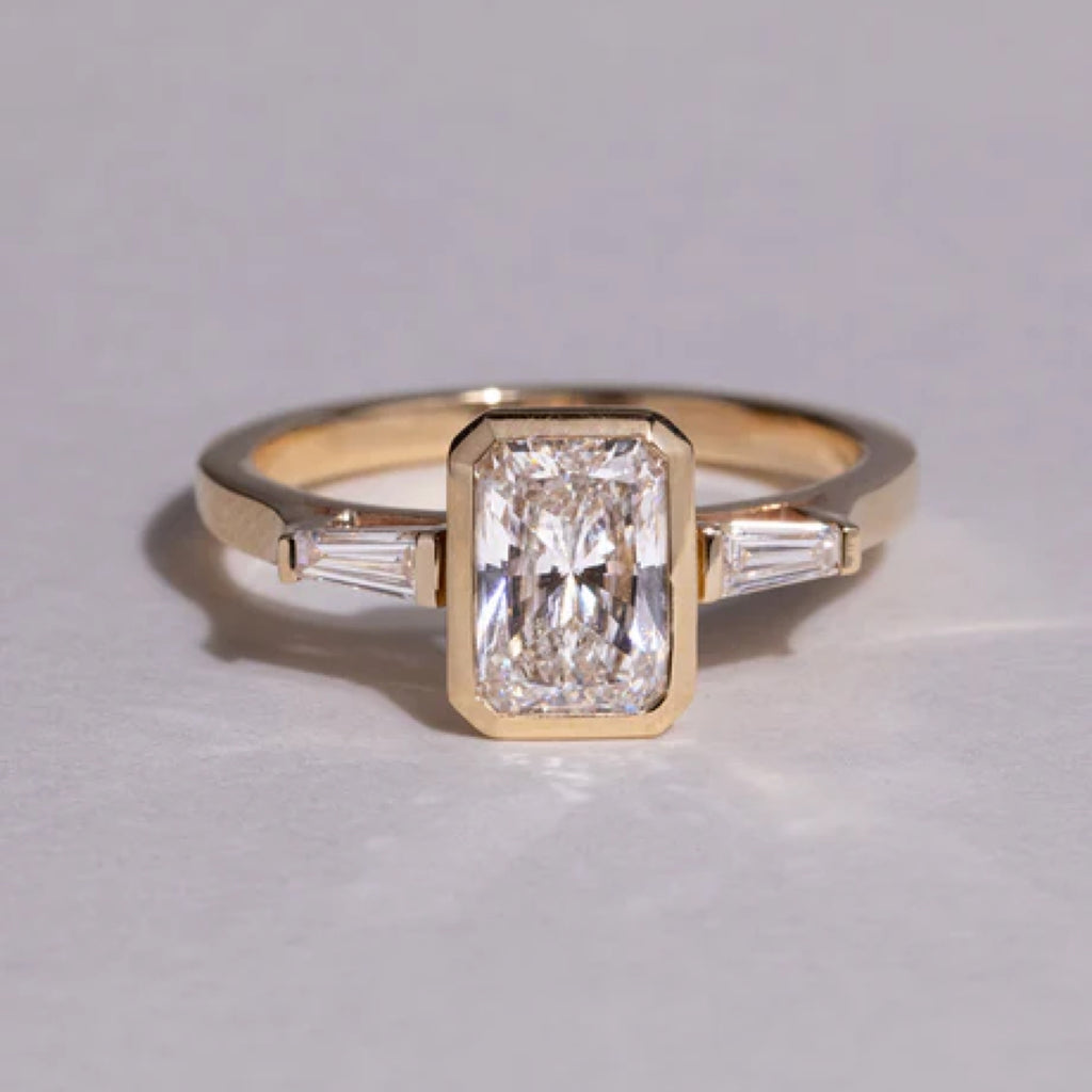 1.51 - 2.5 CT Radiant Cut CVD Diamond Bezel Three Stone Setting Engagement Ring