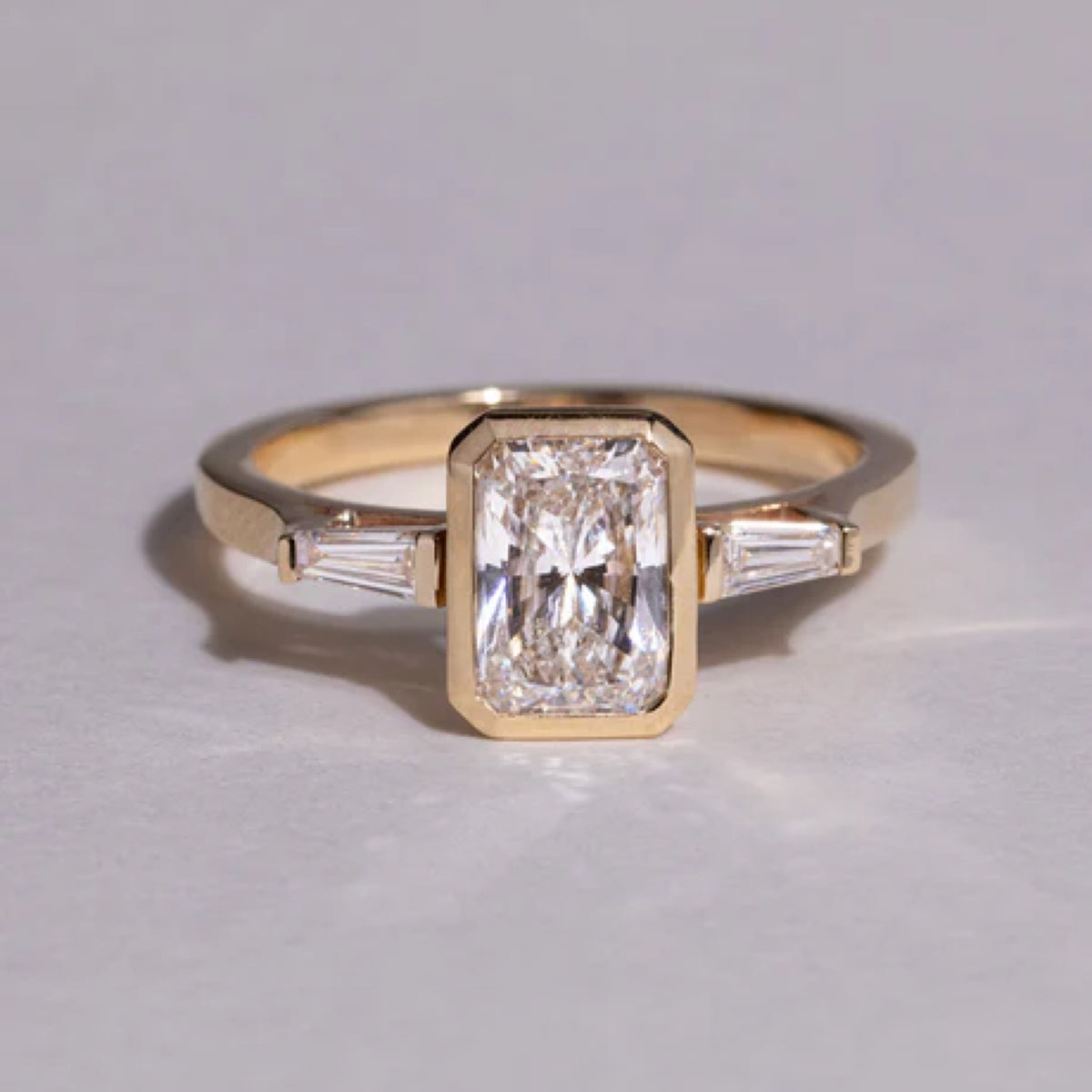 1.51 - 2.5 CT Radiant Cut CVD Diamond Bezel Three Stone Setting Engagement Ring