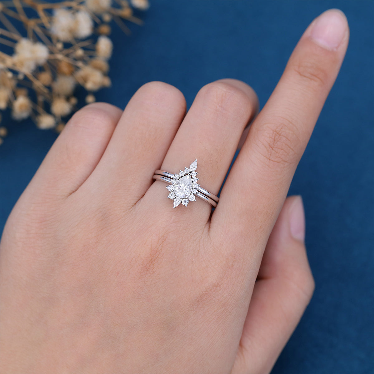 0.69 CT Pear Shaped Moissanite Halo Nature Inspired Bridal Set - Camila Brown