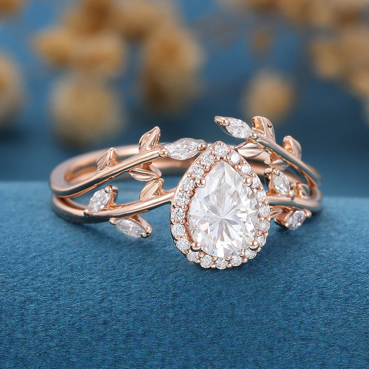 1.0 CT Pear Shaped Moissanite Halo Nature Inspired Bridal Set - Camila Brown