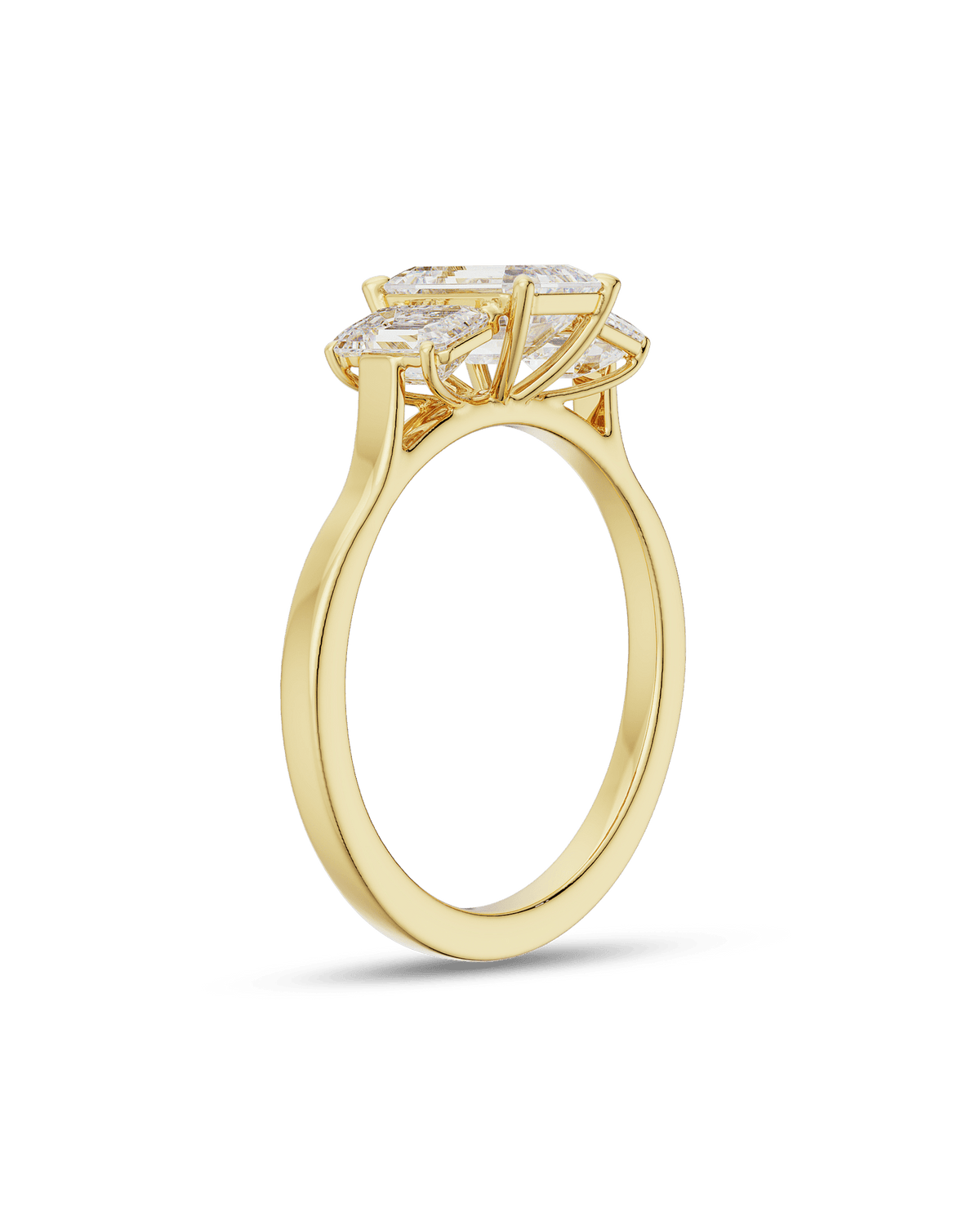 1.5–3.5 CT emerald cut lab grown diamond three stone engagement ring in gold, elegant step-cut center with matching side diamonds

