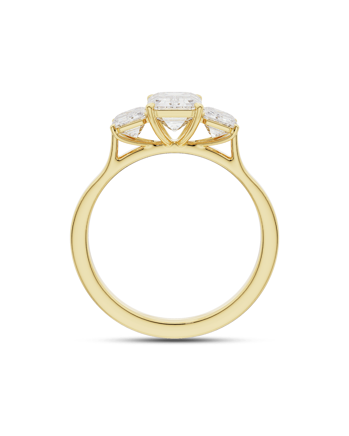 1.5–3.5 CT emerald cut lab grown diamond three stone engagement ring in gold, elegant step-cut center with matching side diamonds

