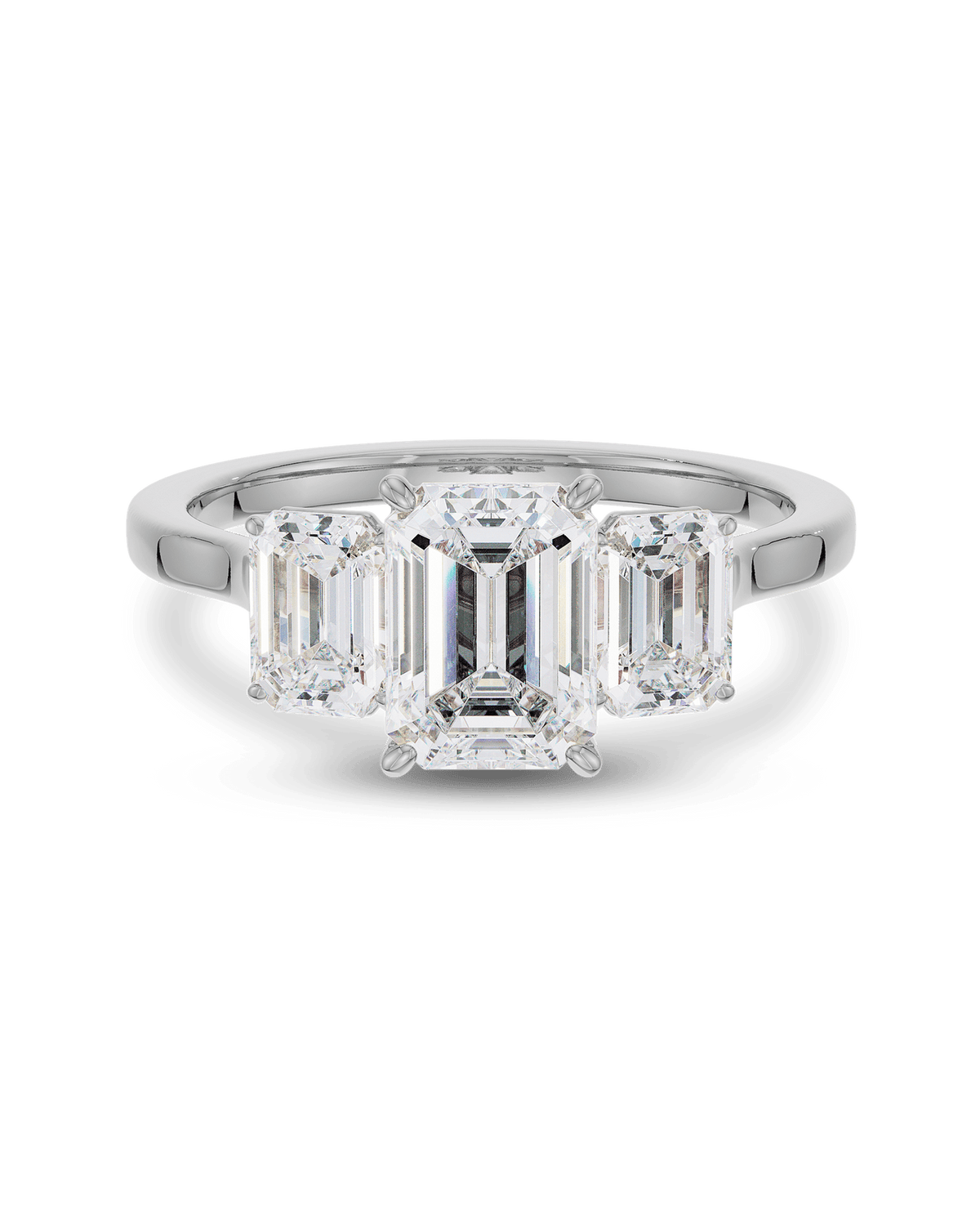 1.5–3.5 CT emerald cut lab grown diamond three stone engagement ring in gold, elegant step-cut center with matching side diamonds

