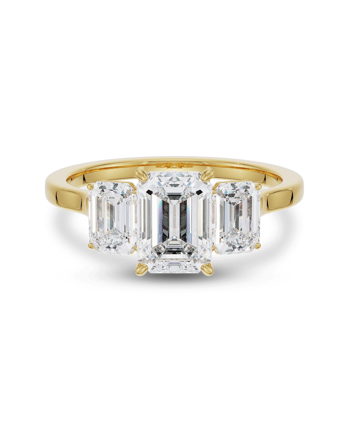 1.5–3.5 CT emerald cut lab grown diamond three stone engagement ring in gold, elegant step-cut center with matching side diamonds

