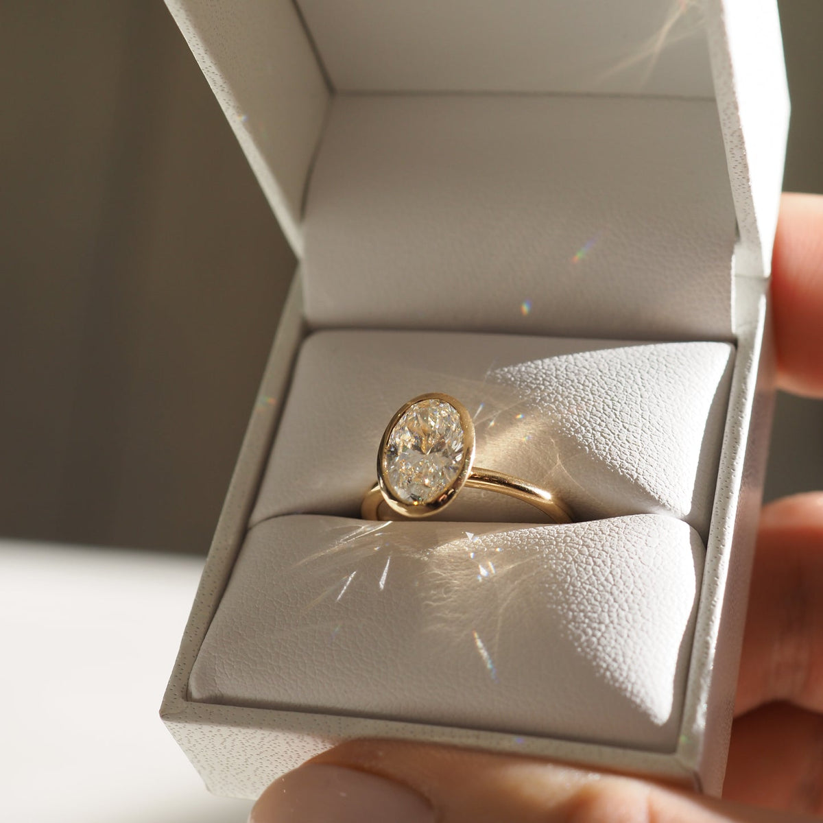 1.5 CT Oval F/VS1 CVD Diamond Bezel Engagement Ring - Camila Brown