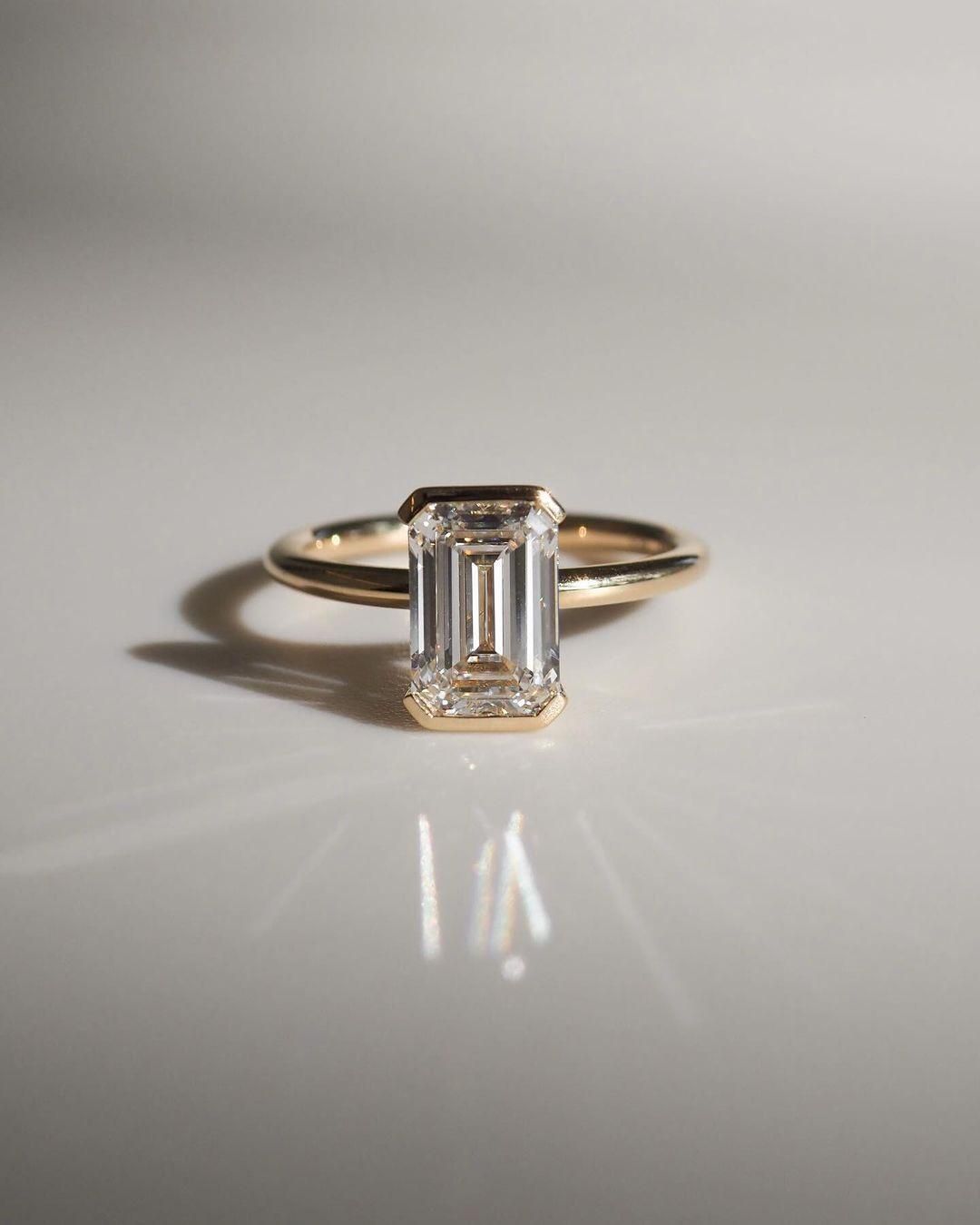 1.50 -2.50 Carats Emerald Shaped Lab Grown Diamond Bezel Solitaire Style Engagement Ring