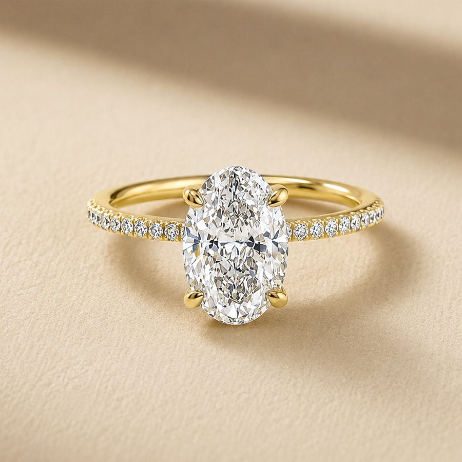 Oval Hidden Halo Pave Lab Grown Diamond Engagement Ring + 1.00 ct oval - E VVS1