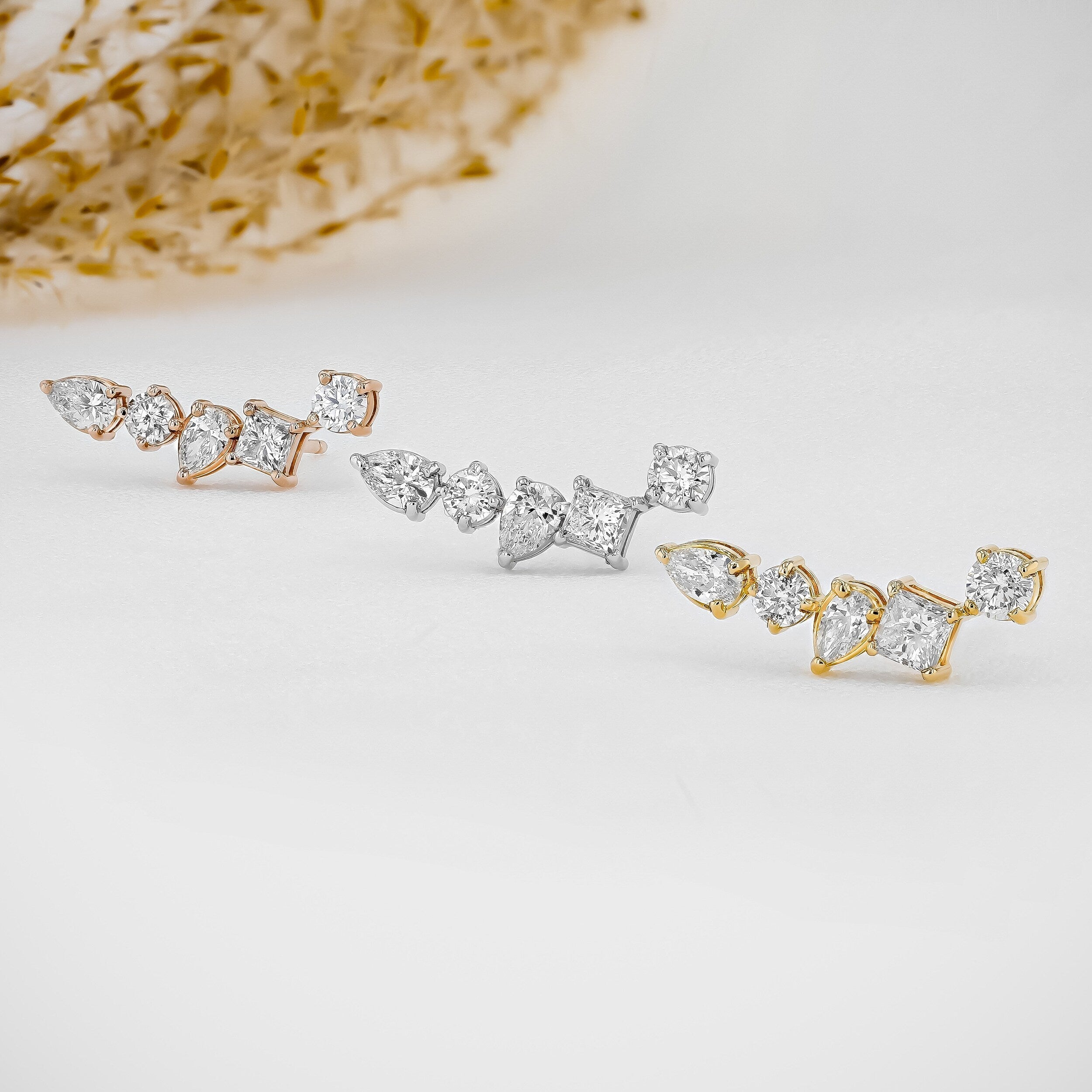 1.28 TCW Round, Princess & Pear Moissanite Diamond Ear Crawler Earrings - Camila Brown