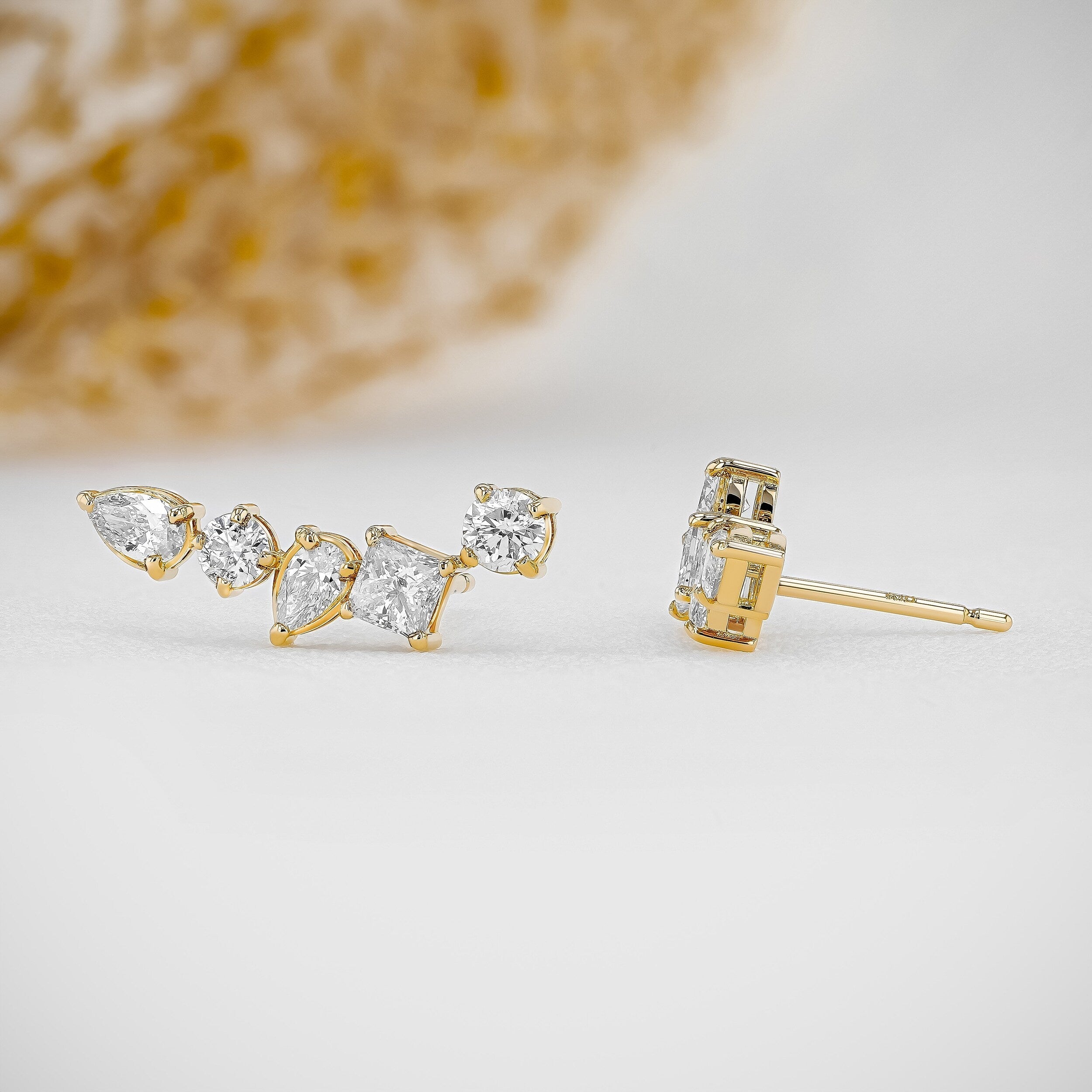 1.28 TCW Round, Princess & Pear Moissanite Diamond Ear Crawler Earrings - Camila Brown