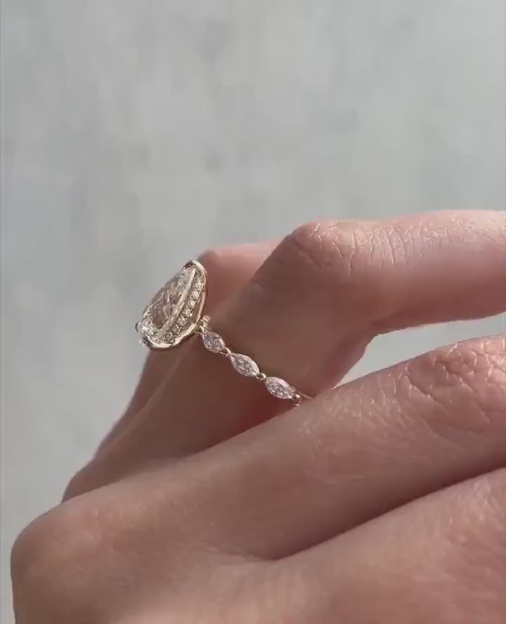 1.30 to 3.30 CT pear cut lab grown CVD diamond engagement ring with hidden halo and pave band in elegant bridal style