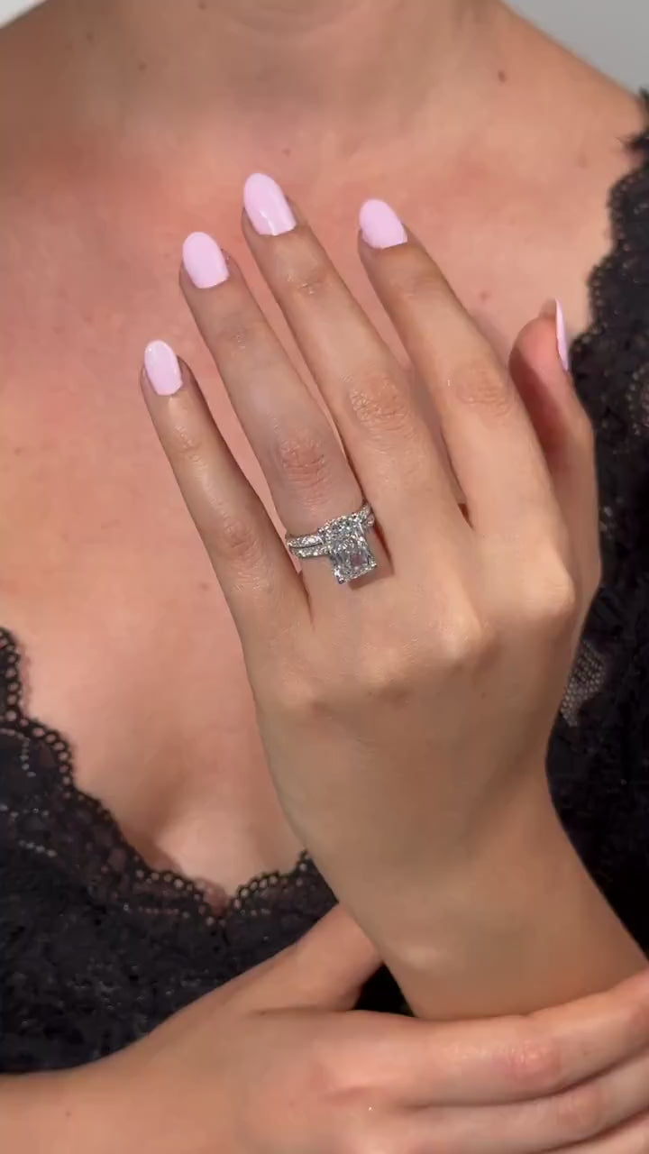 2.0–4.0 CT radiant cut lab grown diamond engagement ring with hidden halo and pave-set band in a sleek, elegant setting

