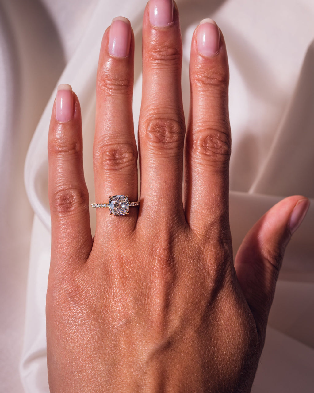 1.74 CT Cushion F/VS2 CVD Diamond Hidden Halo Pave Setting Engagement Ring - Camila Brown