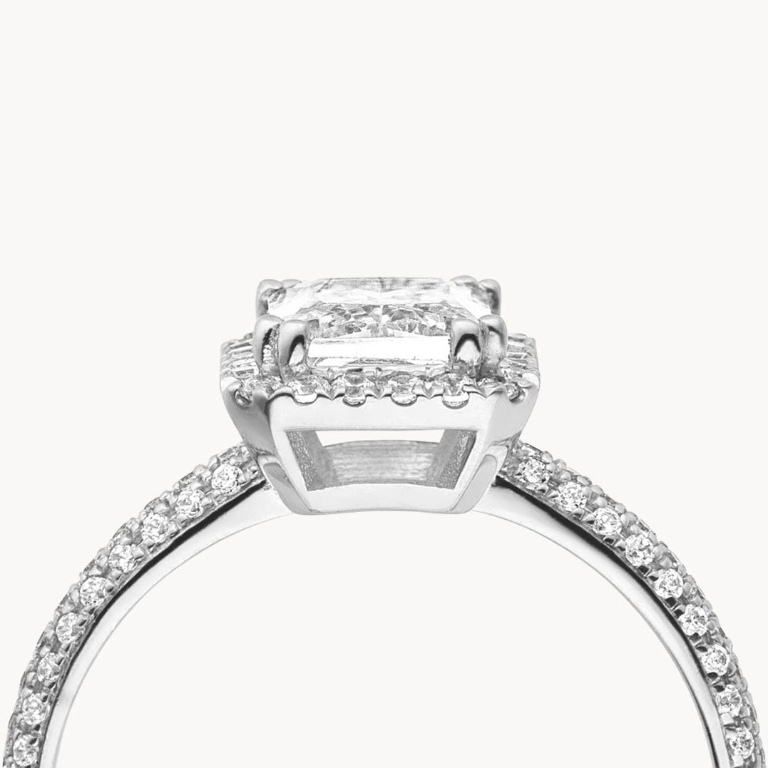 1.50 CT Emerald Cut E/VS1 CVD Diamond Halo Pave Setting Engagement Ring - Camila Brown