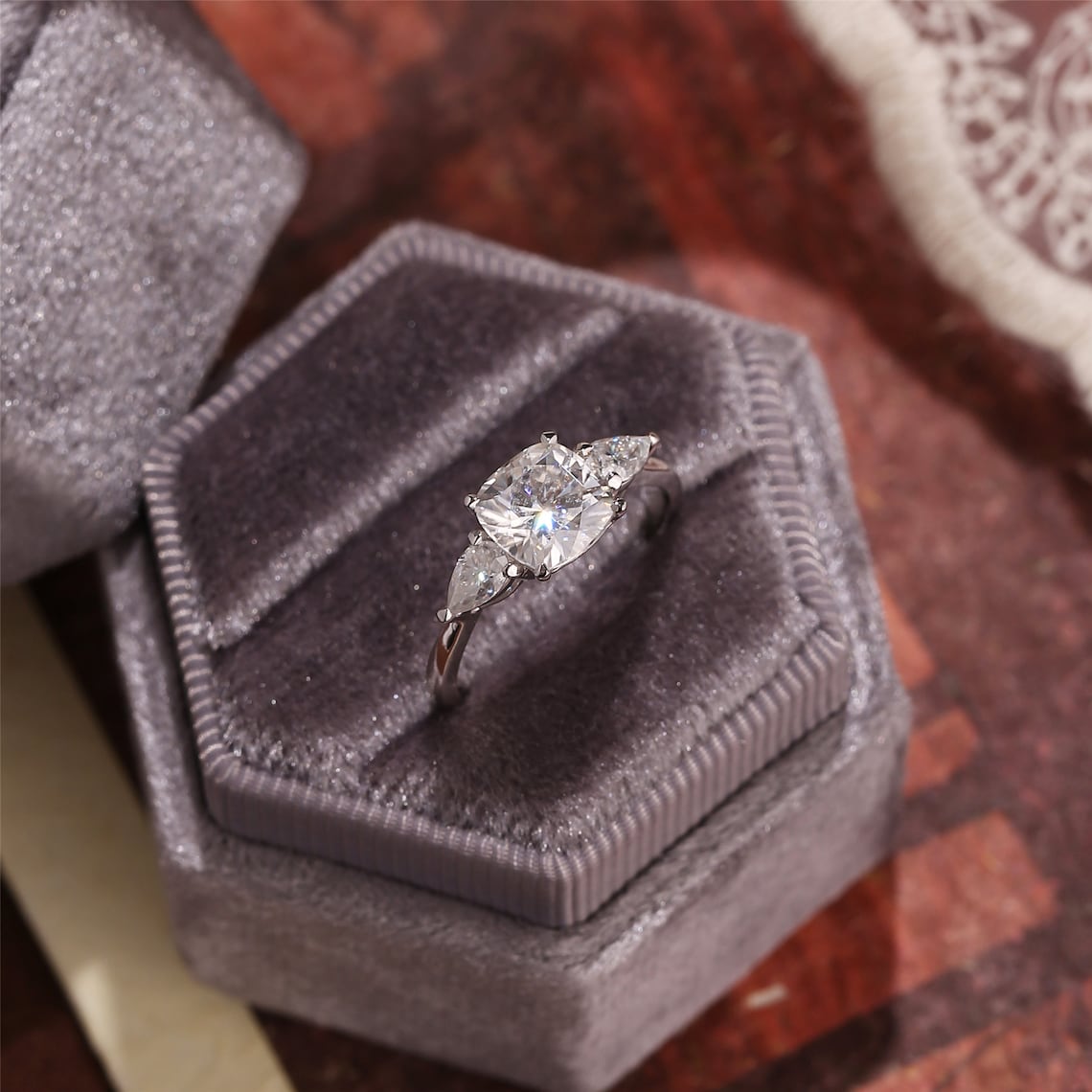 1.0 CT Cushion F/VS1 CVD Diamond Three Stone Style Engagement Ring - Camila Brown