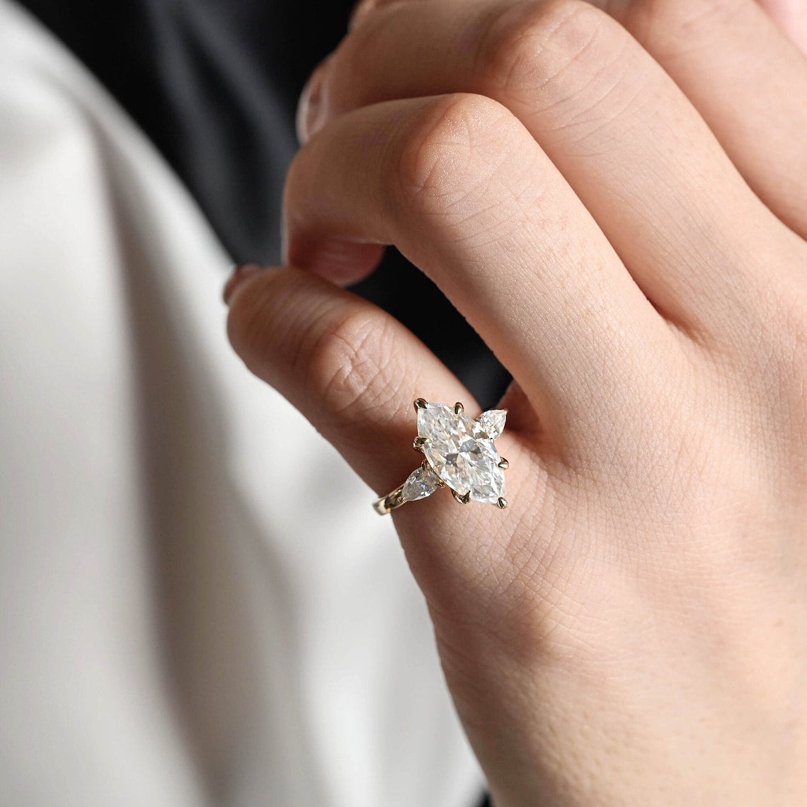 1.0 - 3.0 CT Marquise F/VS1 CVD Diamond Three Stone Style Engagement Ring - Camila Brown